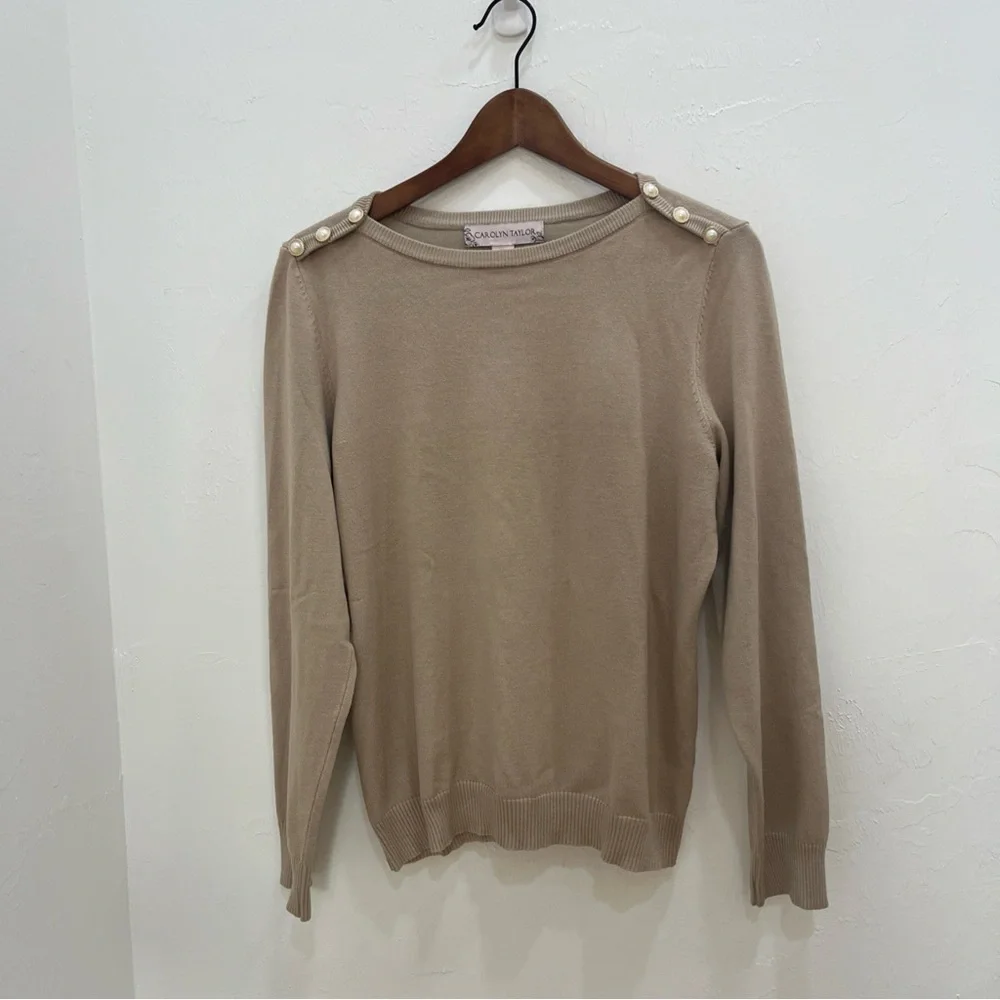 Carolyn Taylor Beige Long Sleeve Pull Over Sweater size P/XL‎ Mock Neck Pearls